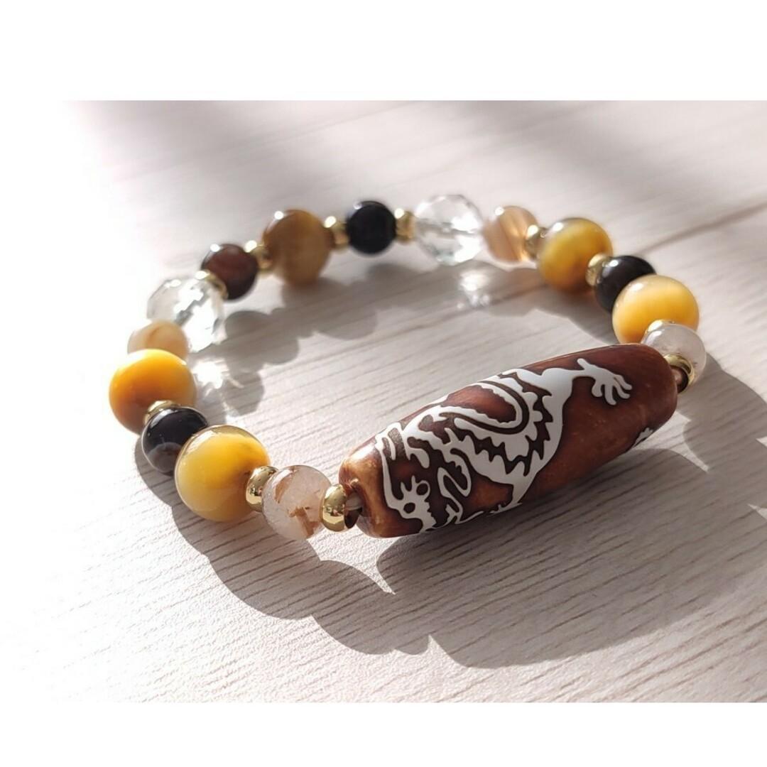 龍神天珠とゴールドルチル・ゴールデンタイガーアイ・天眼石のパワーストーン ブレス