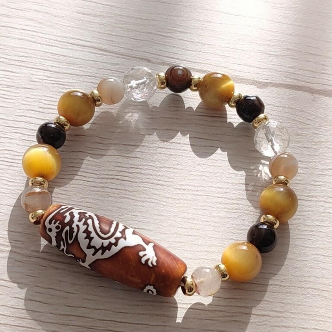 龍神天珠とゴールドルチル・ゴールデンタイガーアイ・天眼石のパワーストーン ブレス