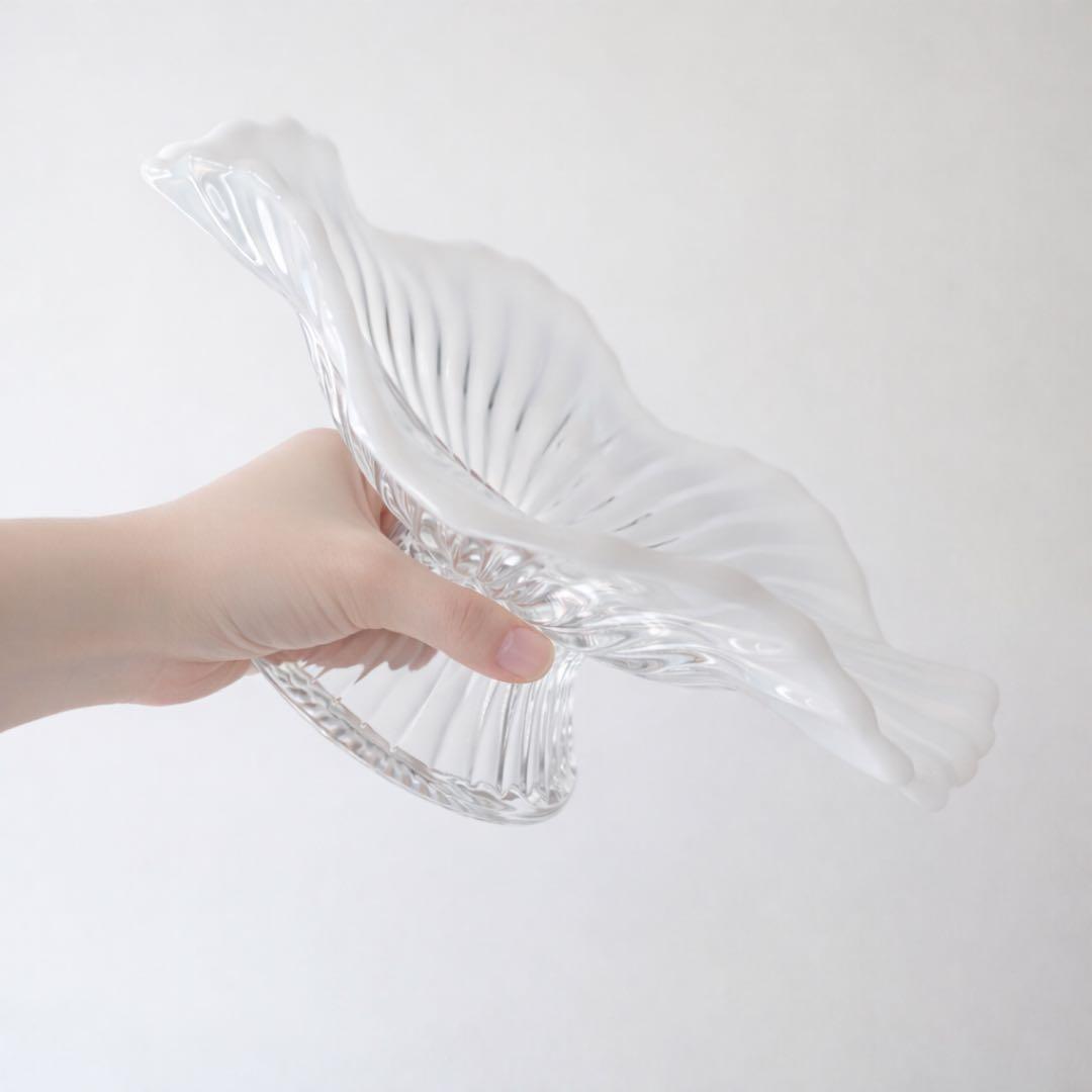 昭和初期 戦前ガラス コンポート 25cm｜乳白フリル脚付皿 旧家蔵出し