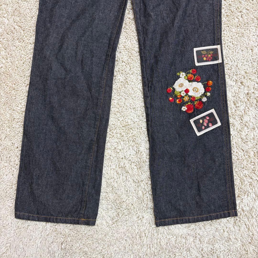 極美品✨ピンクハウス ストレート デニムパンツ 苺 刺繍 ワッペン ブラック L