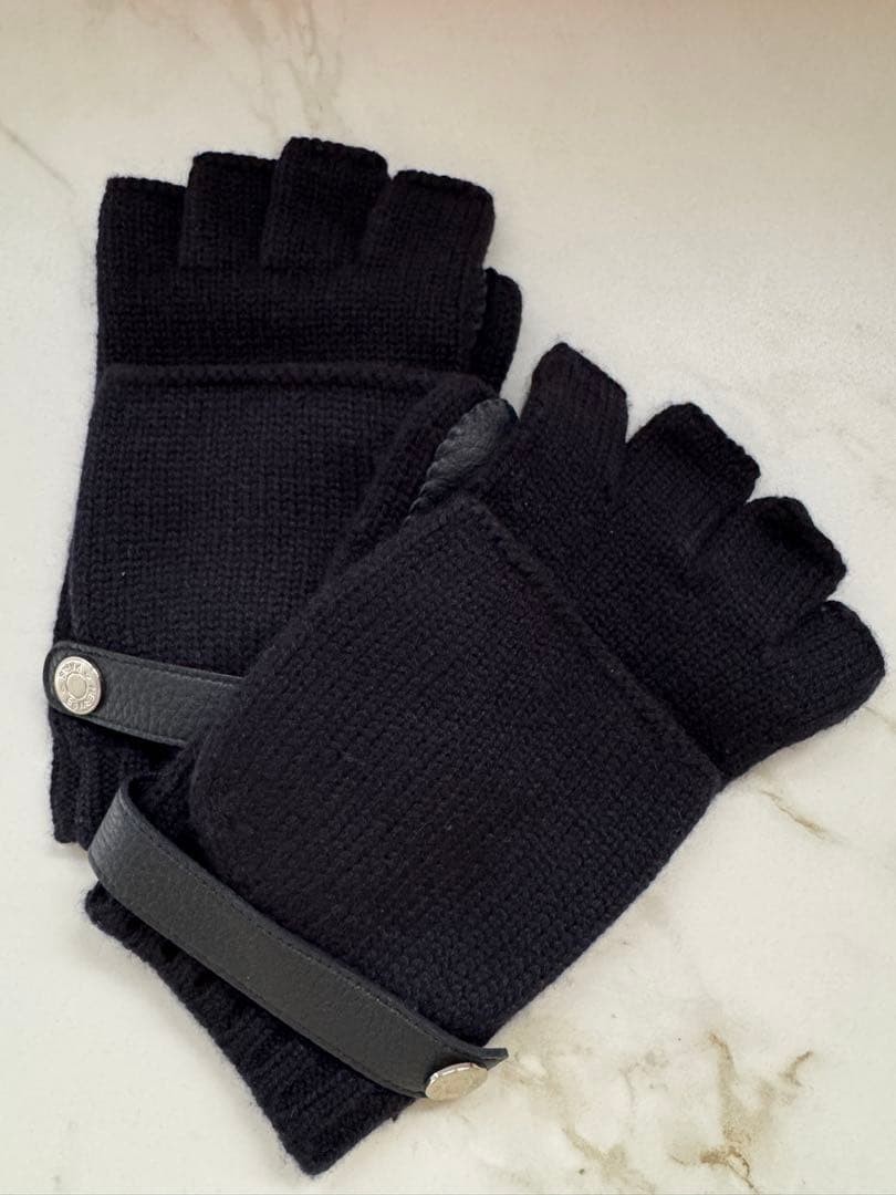 HERMES ダークネイビー 指なしグローブ カシミア×レザーLsize箱付