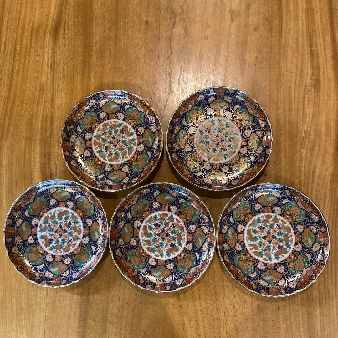 陣山窯　金襴手　金彩菊紋　和皿揃　5枚　中皿　古伊万里　色絵