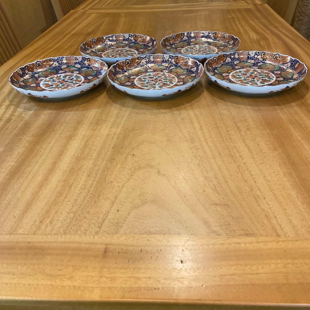 陣山窯　金襴手　金彩菊紋　和皿揃　5枚　中皿　古伊万里　色絵