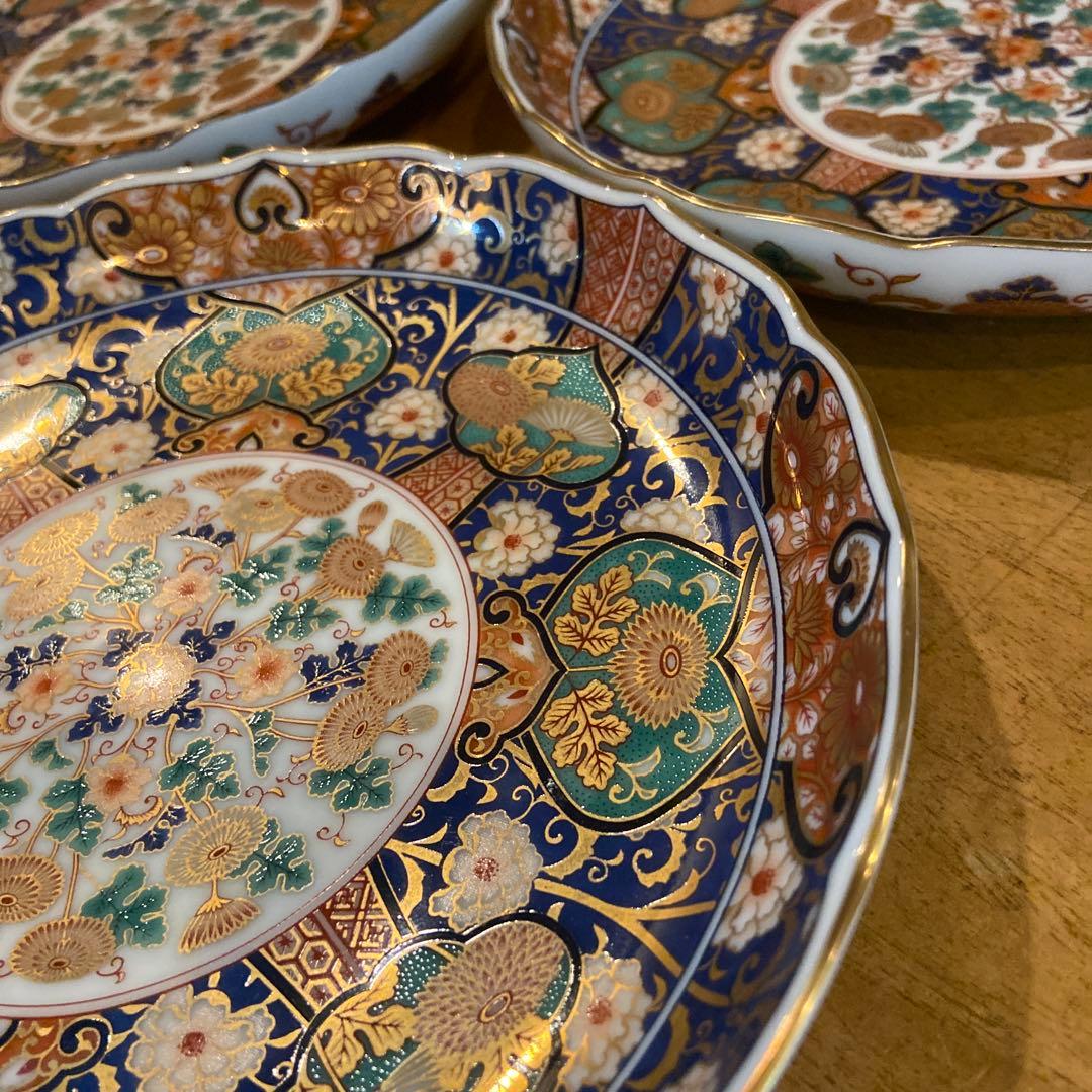 陣山窯　金襴手　金彩菊紋　和皿揃　5枚　中皿　古伊万里　色絵
