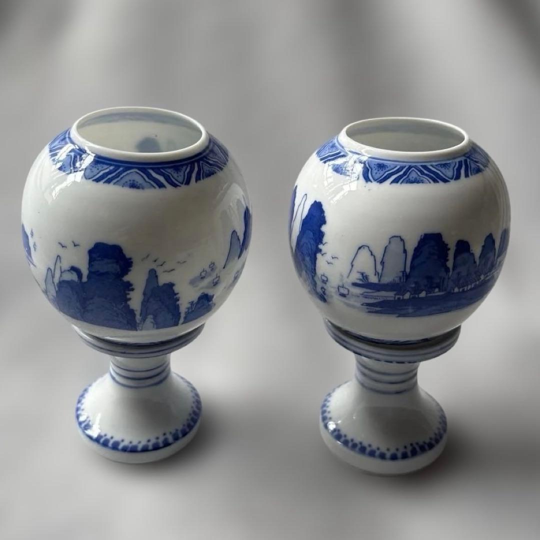 中国美術 内絵 飾り壺 2客セット 台座付 ぼんぼり風　染付 磁器 布貼箱
