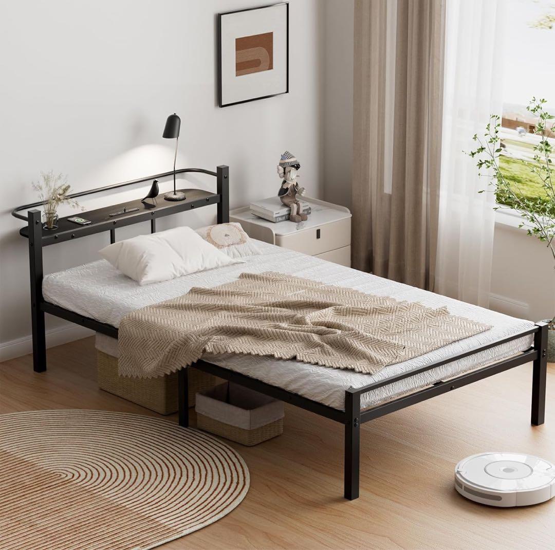 ベッドフレーム シングル 宮棚 2口コンセント USB&Type-C パイプ