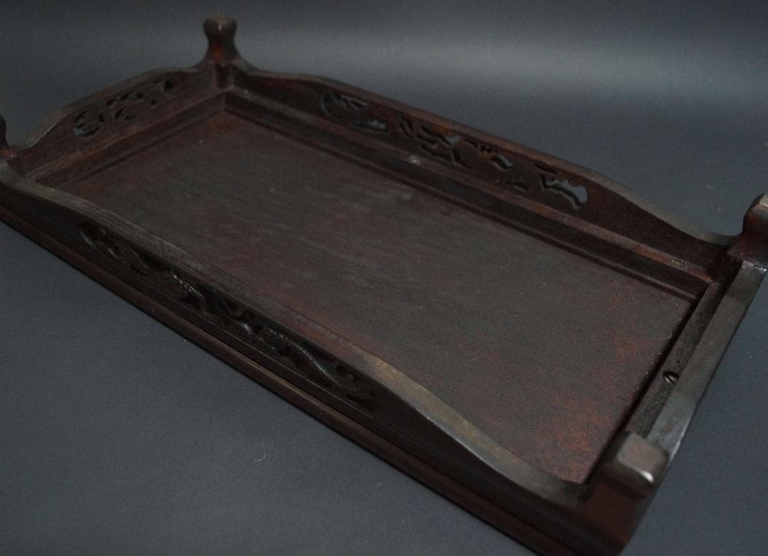 唐木紫檀製 細工透かし彫り『龍文』花台 平卓 飾台 香炉台 盆栽台 華道具茶道具