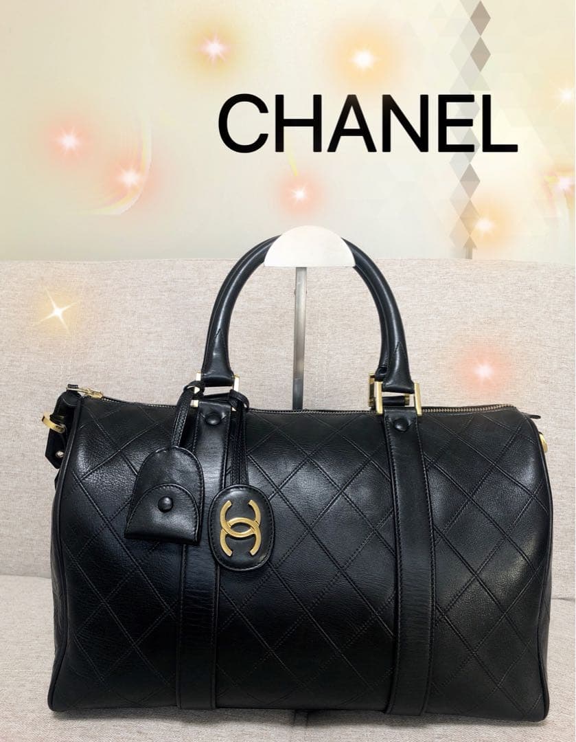 CHANEL ブラック レザー ミニボストンバッグ ゴールド金具 ビコローレ
