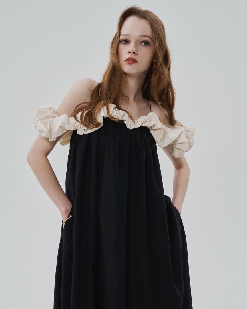 【THE Toe】オフショルダー フリル ロングドレス 黒