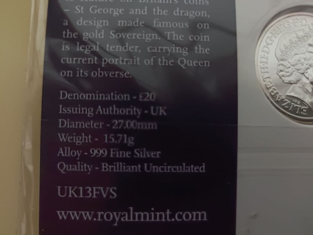 英国 イギリス ￡20銀貨999ag 15.71g 27mm ジョージとドラゴン