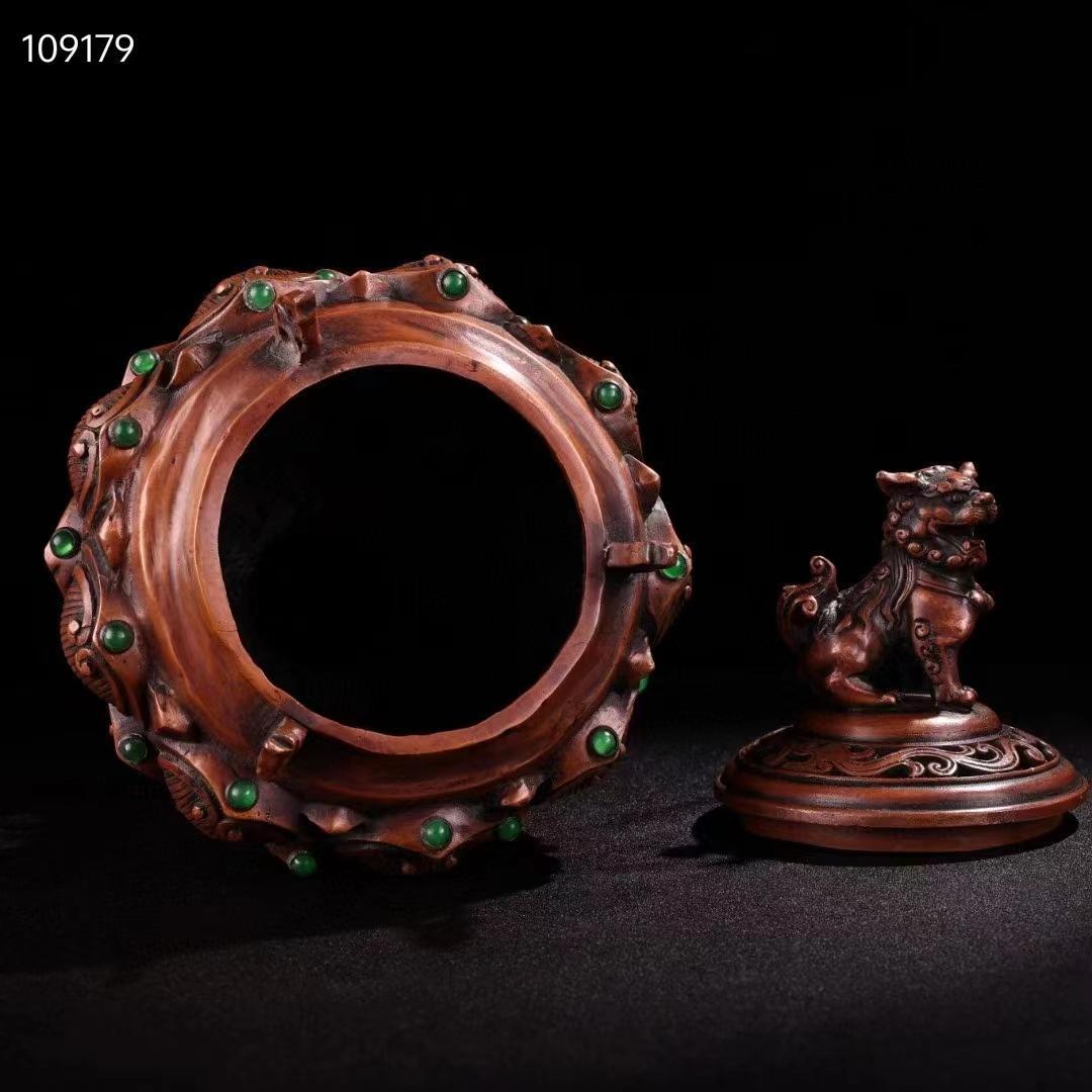 中国古美術・全銅・純手作り、宝石をはめ込み・獅子蓋香爐・熏香爐・置物・文房具