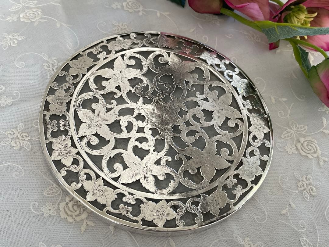 米国製　スターリングシルバー＆グラス　ポットスタンド