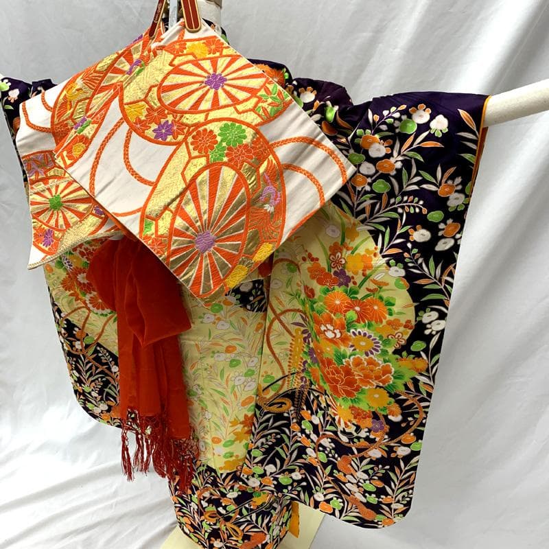 602ag15□七五三 七歳 女児 着物&袋帯 総柄 花車 花くす玉□美品