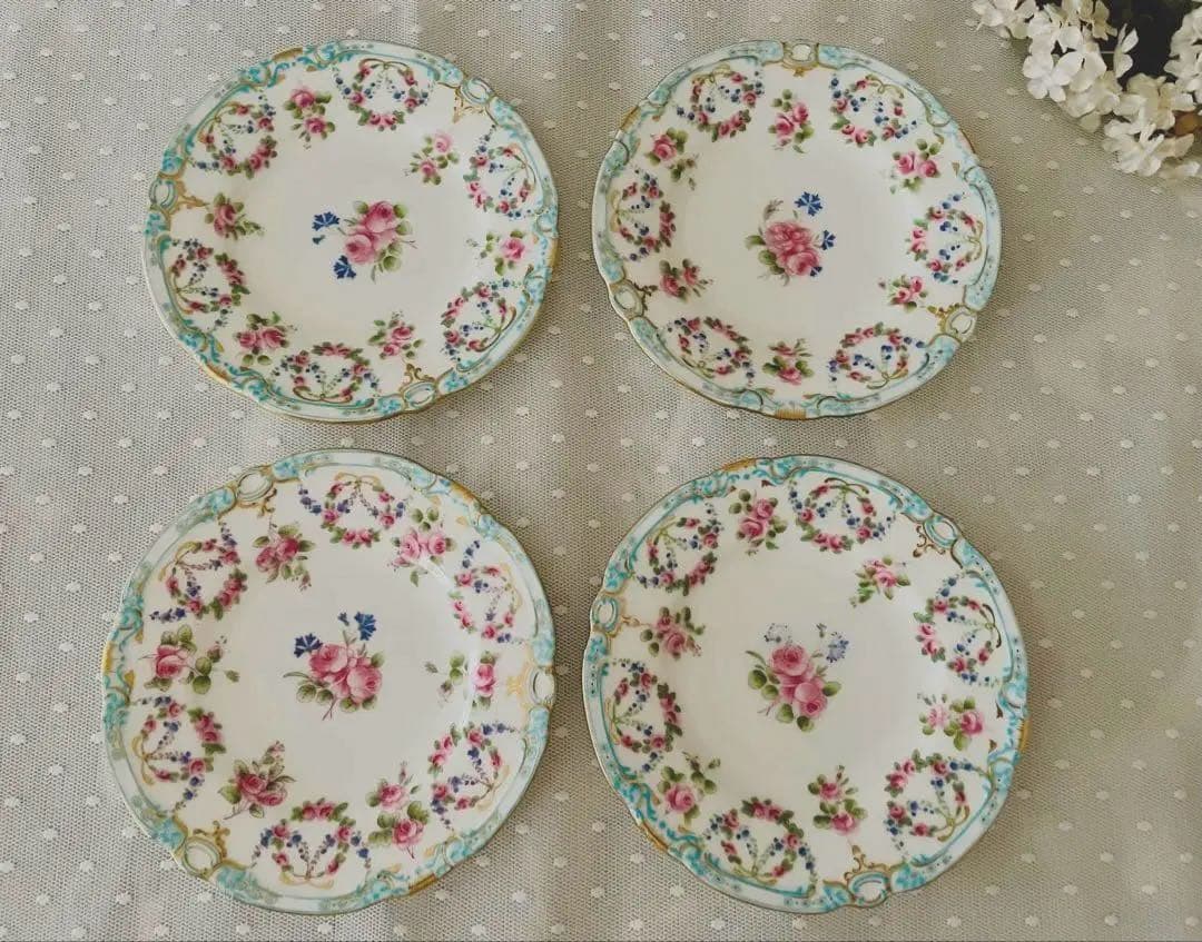 英国　ミントン　ローズ薔薇ハンドペイントの可愛いアンティーク皿4枚セット
