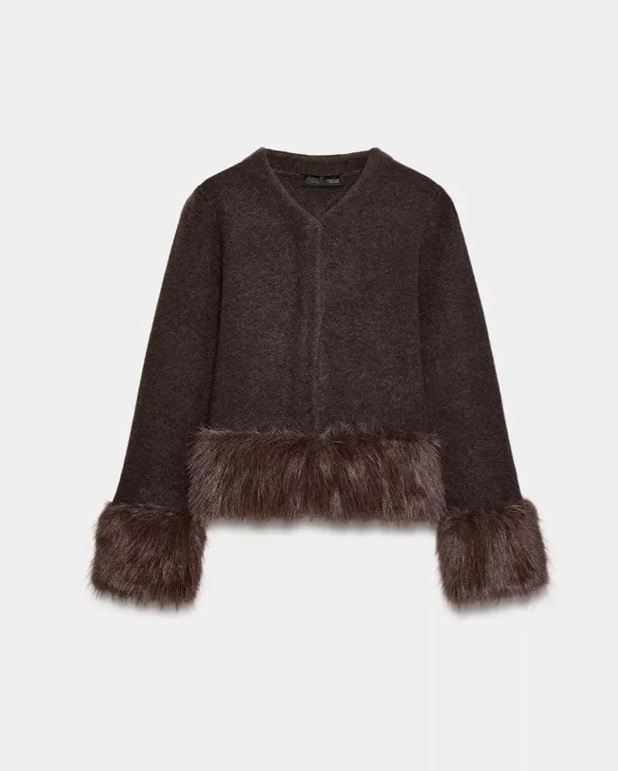 【ZARA】コントラスト ニット フェイク ファー ジャケット ブラウン 完売品