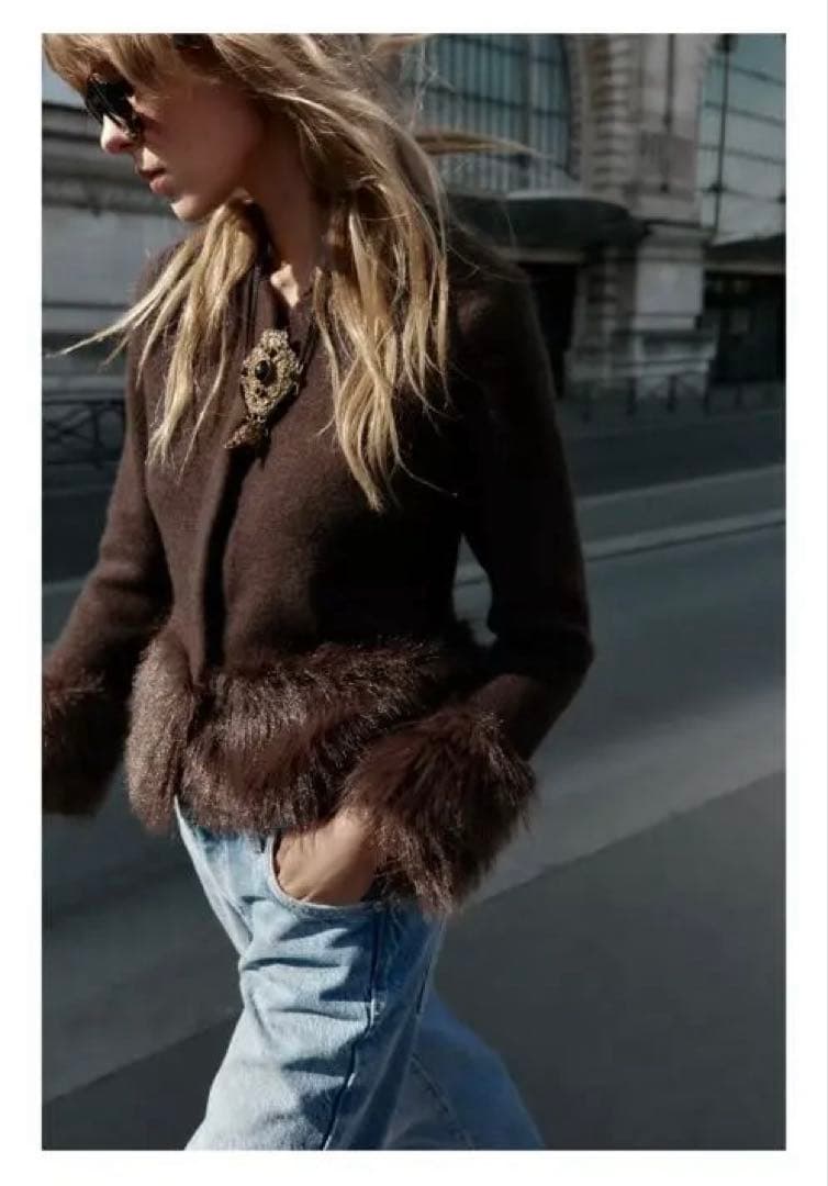 【ZARA】コントラスト ニット フェイク ファー ジャケット ブラウン 完売品