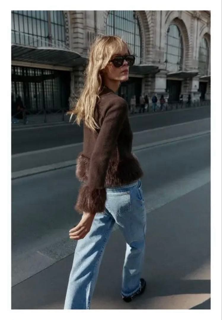 【ZARA】コントラスト ニット フェイク ファー ジャケット ブラウン 完売品