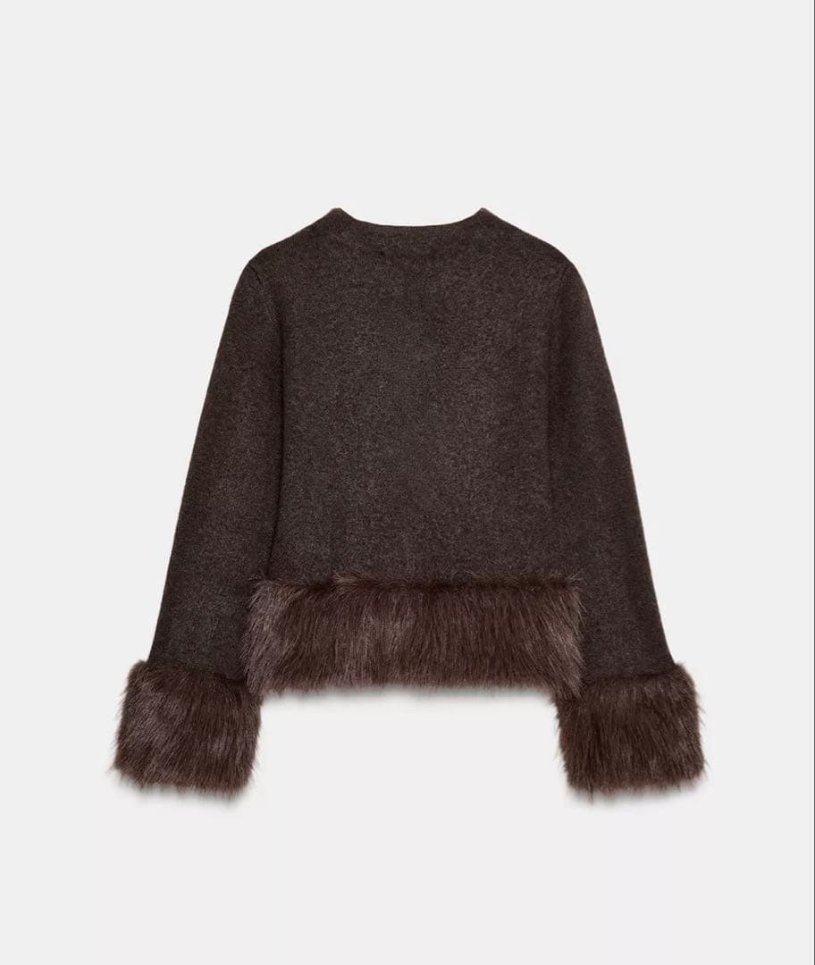 【ZARA】コントラスト ニット フェイク ファー ジャケット ブラウン 完売品