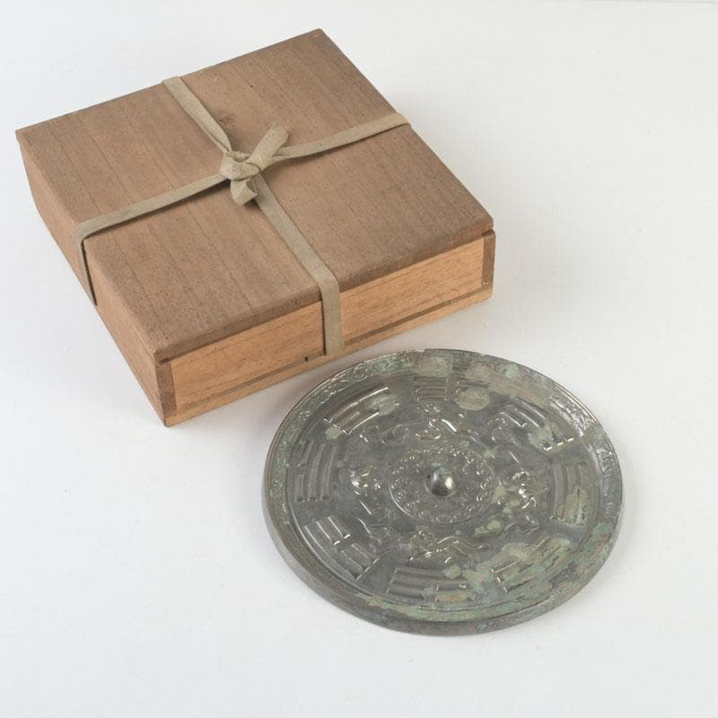 中国　古銅青銅　神獣文　銅鏡　古鏡　紙鎮　文鎮　時代箱付　M　9273E