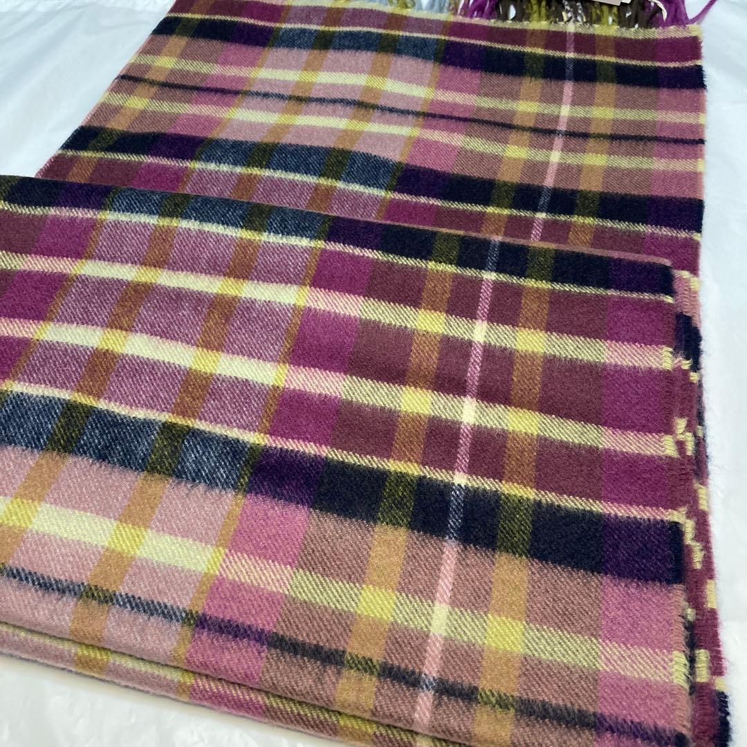 新品 ジョンストンズ カシミヤ100％ 大判ストール パープル チェック