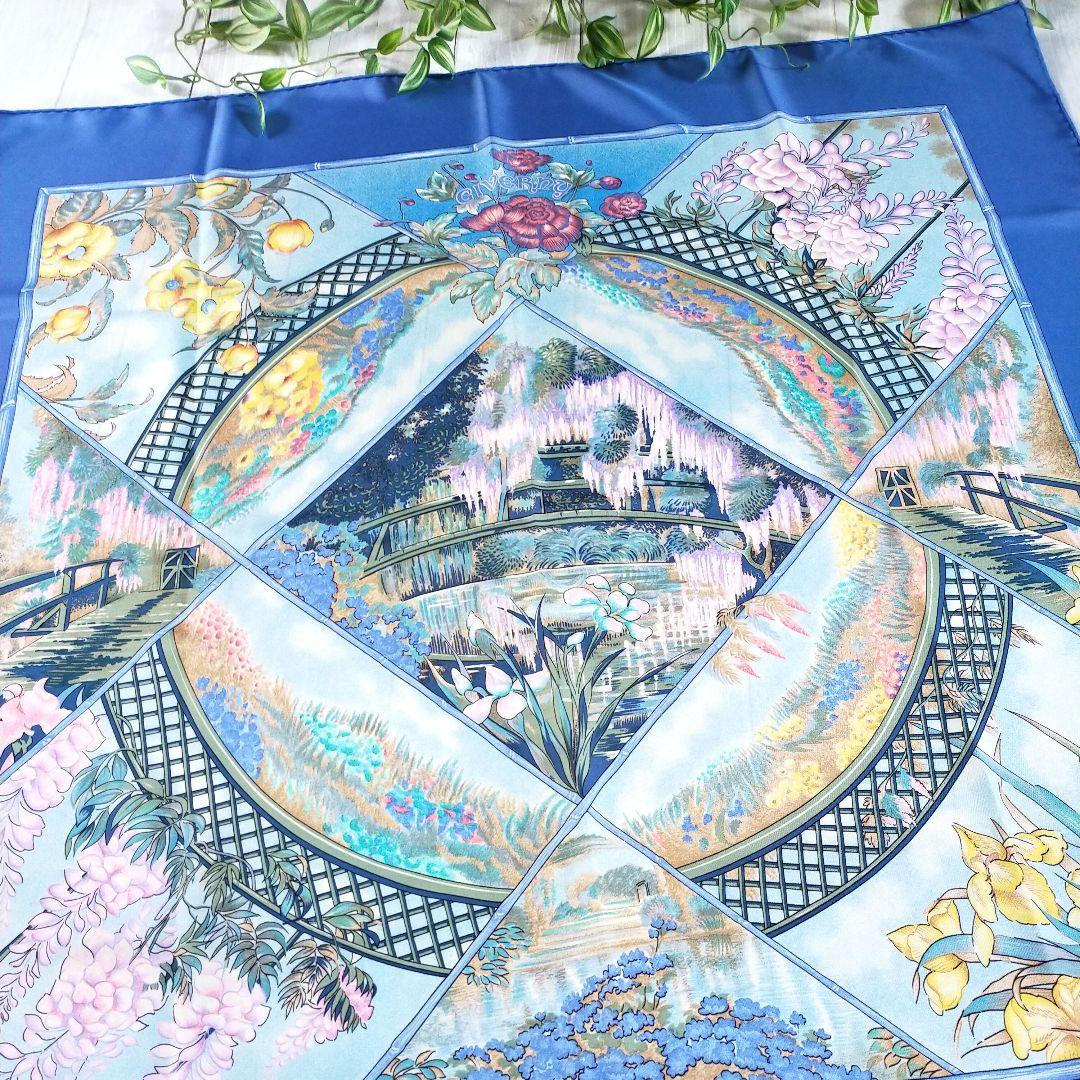 HERMES　GIVERNY モネの庭 　スカーフ カレ90 花と庭園 ブルー