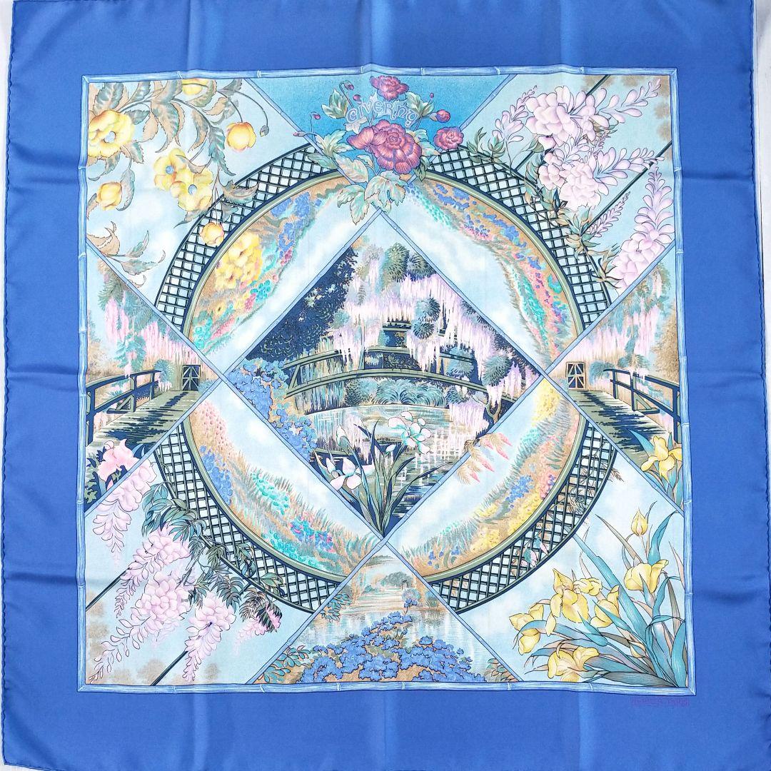 HERMES　GIVERNY モネの庭 　スカーフ カレ90 花と庭園 ブルー
