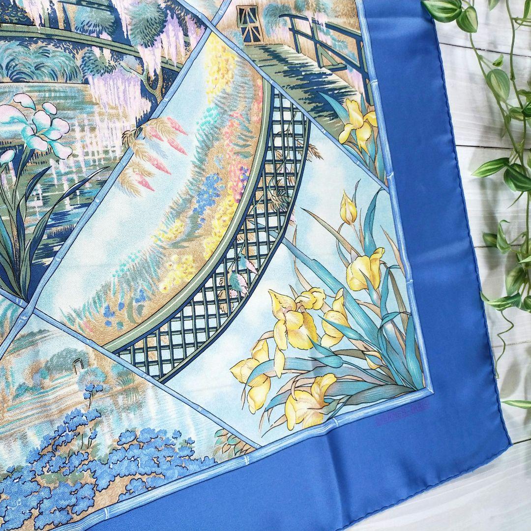 HERMES　GIVERNY モネの庭 　スカーフ カレ90 花と庭園 ブルー