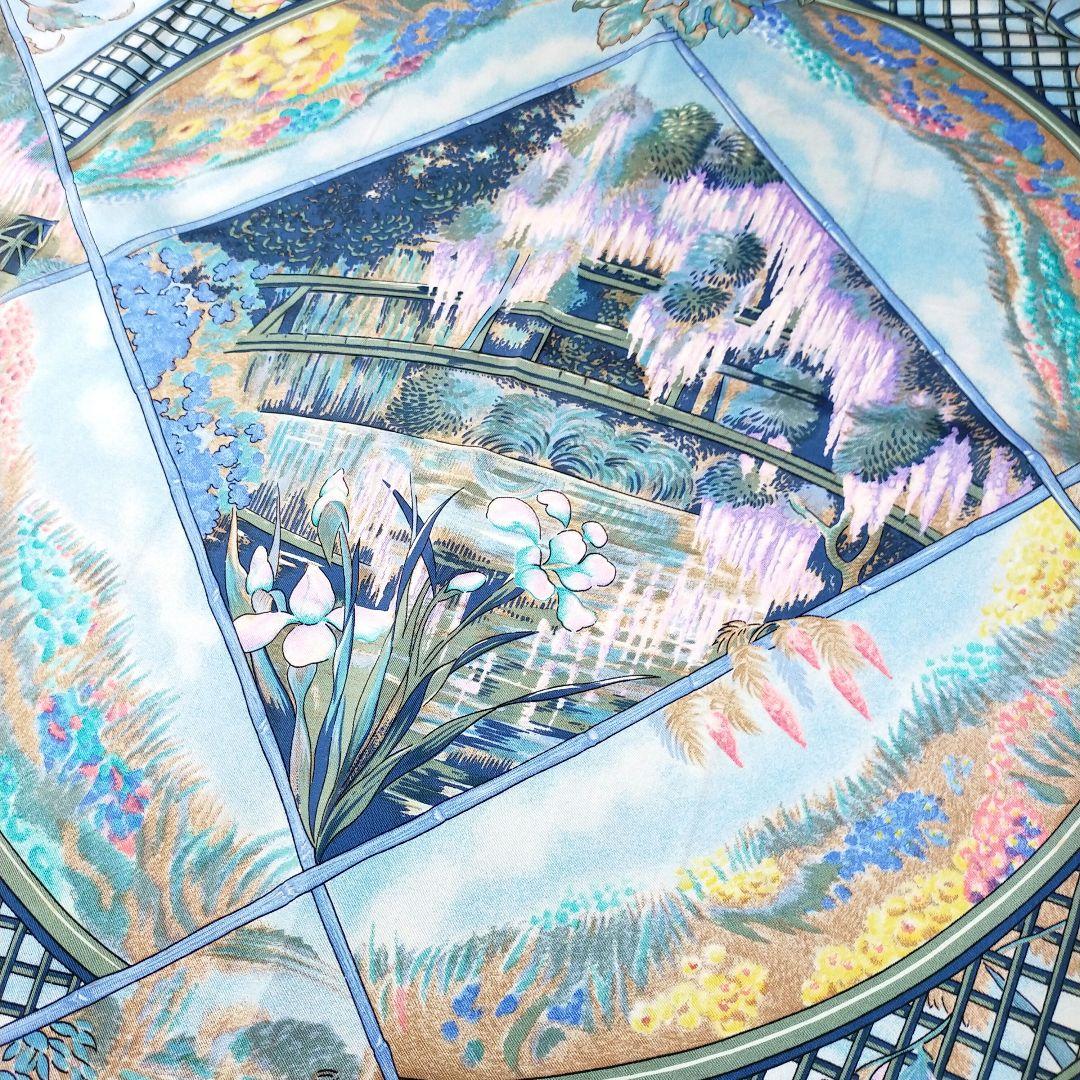 HERMES　GIVERNY モネの庭 　スカーフ カレ90 花と庭園 ブルー