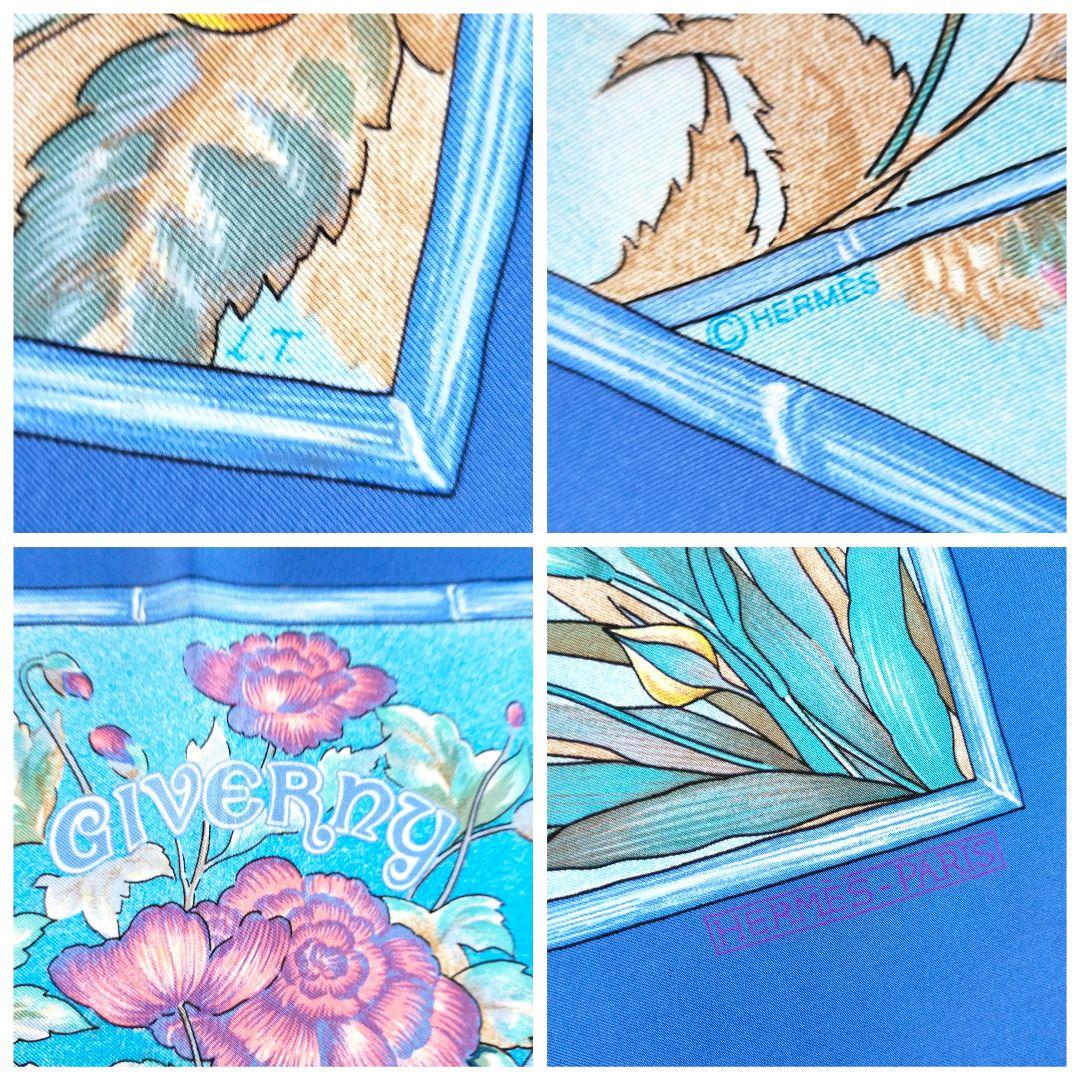 HERMES　GIVERNY モネの庭 　スカーフ カレ90 花と庭園 ブルー