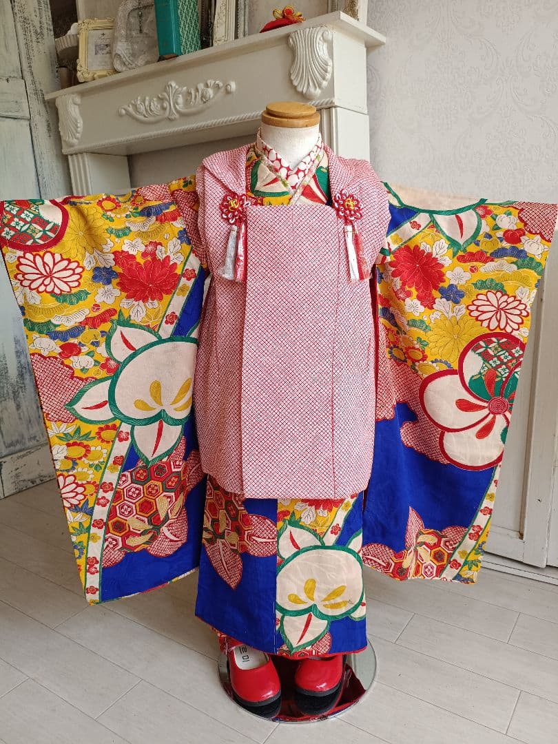 専用です☆アンティーク青に捻り梅の着物と作り帯のセット☆七五三3歳