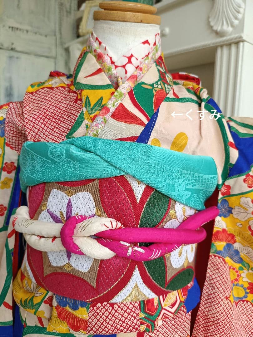 専用です☆アンティーク青に捻り梅の着物と作り帯のセット☆七五三3歳