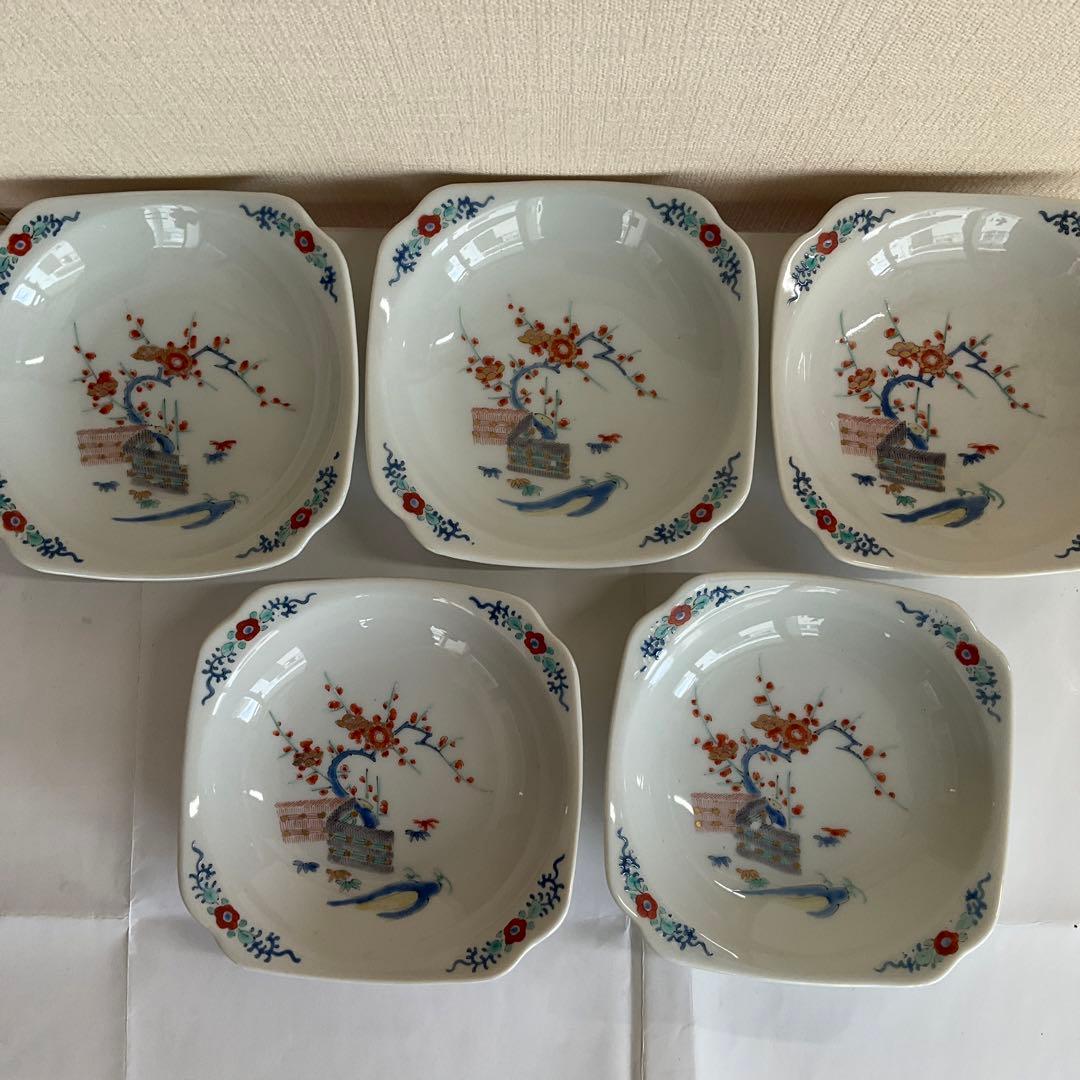 柿右衛門　色絵　梅に柴垣文角皿　五客組　江戸時代後期〜明治時代頃　名品