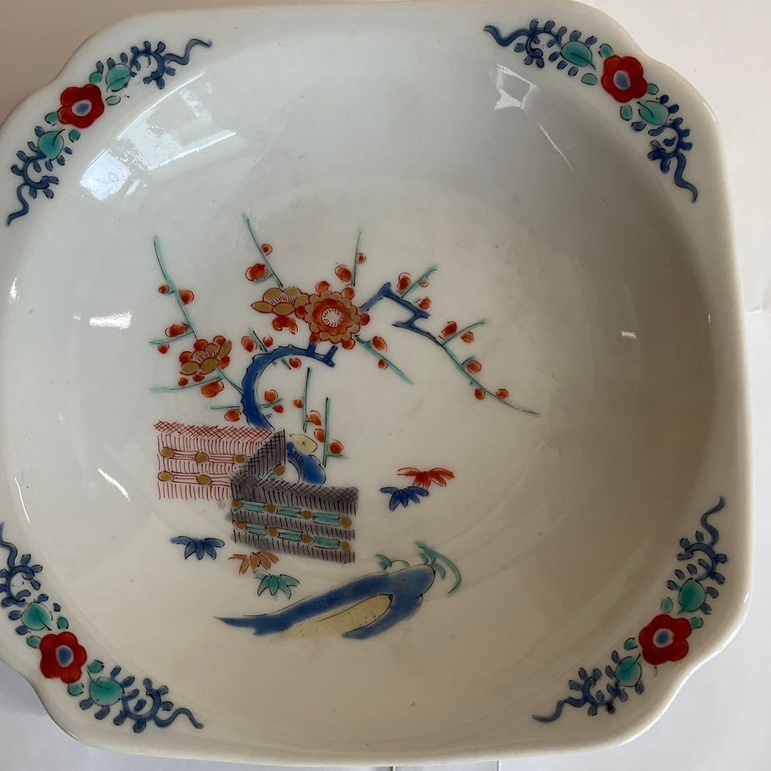 柿右衛門　色絵　梅に柴垣文角皿　五客組　江戸時代後期〜明治時代頃　名品