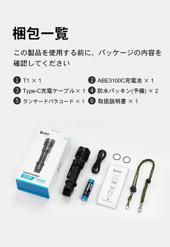 WUBEN T1 懐中電灯 2000ルーメン IP68　箱の角凹み潰れ