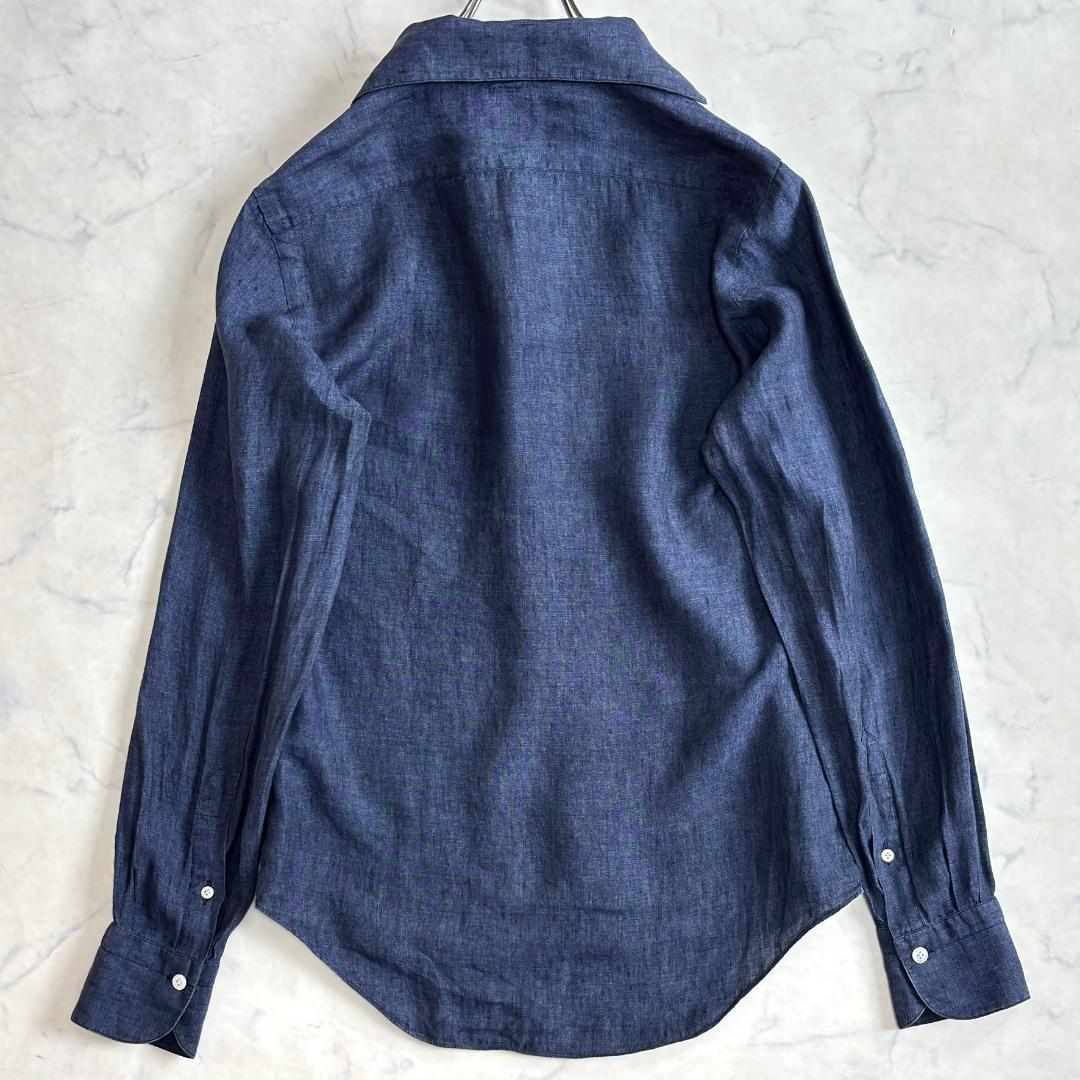 フィナモレ リネン ホリゾンタルカラー 長袖シャツ ネイビー サイズS tw2