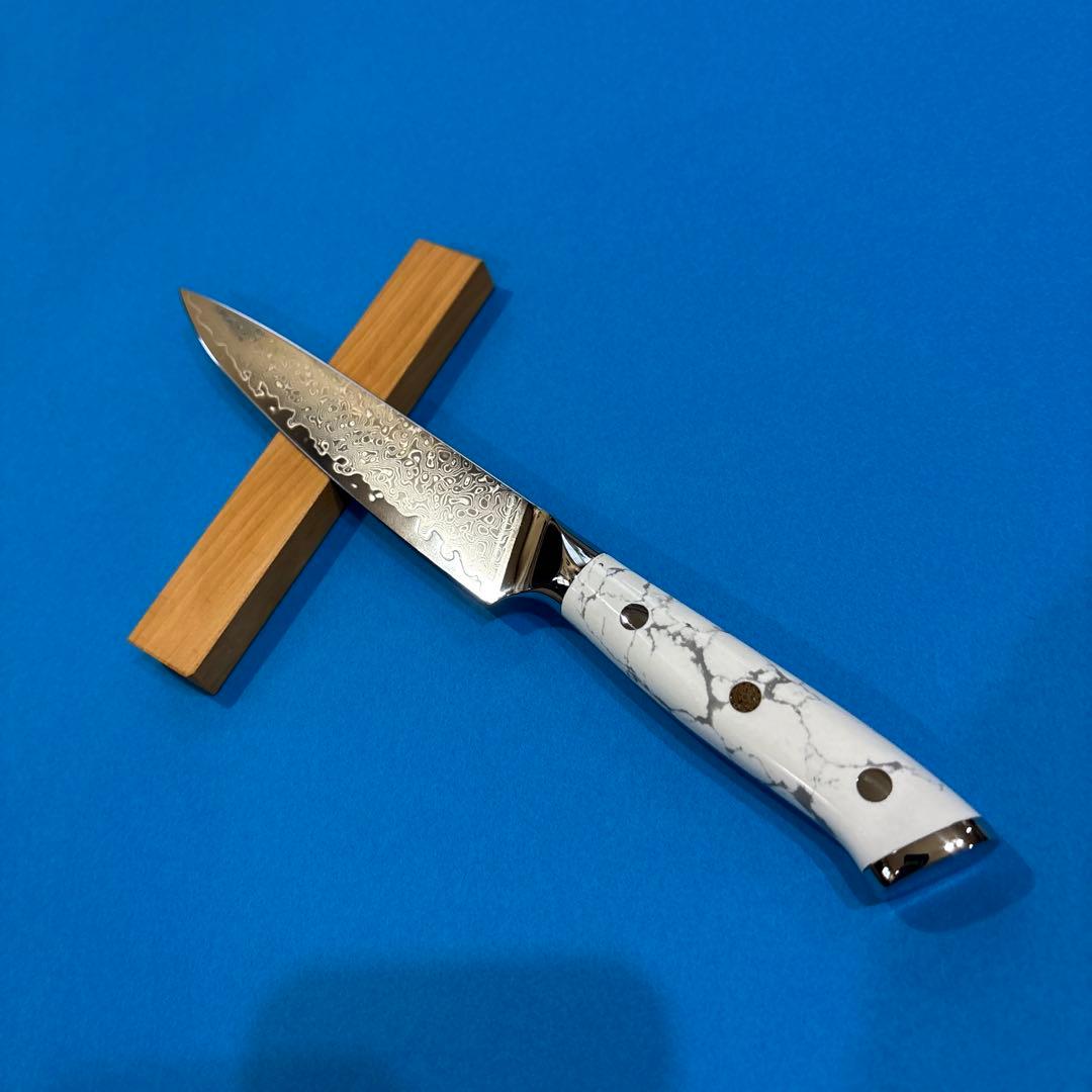 V10ダマスカスぺティナイフ ホワイトターコイズハンドル