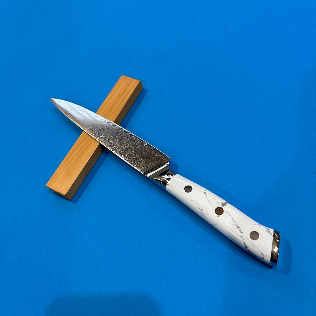 V10ダマスカスぺティナイフ ホワイトターコイズハンドル