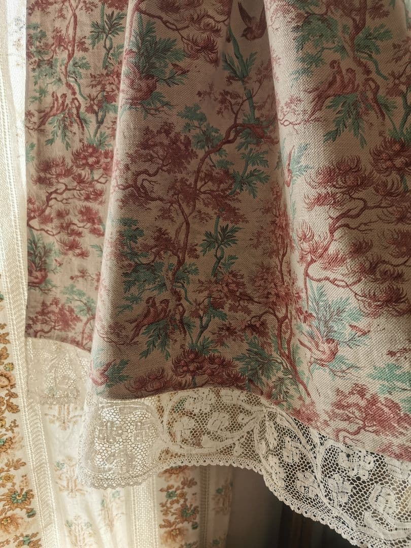 アンティーク 1880年代トワルドジュイ鳥達の森 ミラネーゼレース装飾カーテンβ