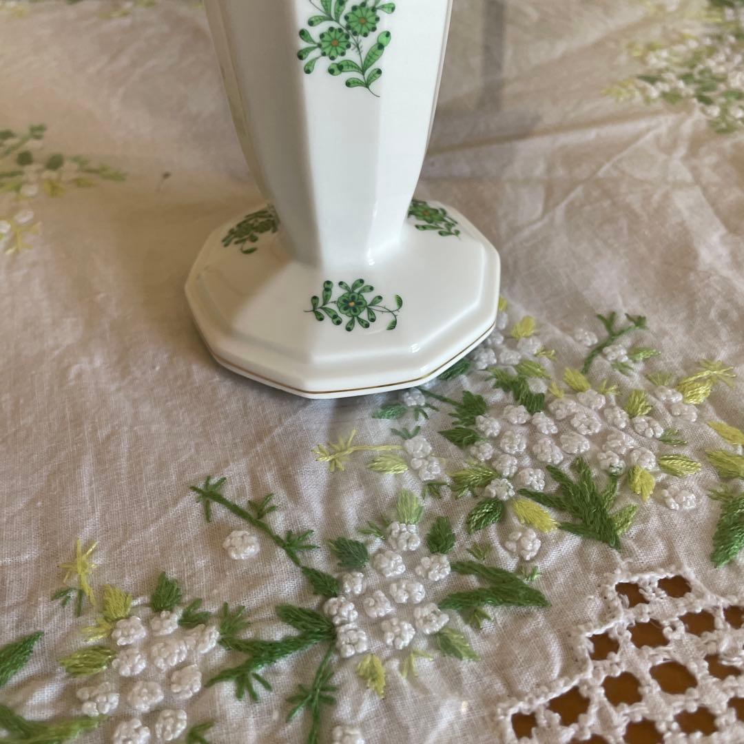 ヘレンド アポニィグリーンのシリーズ手描き花模様 六角形花瓶9インチ