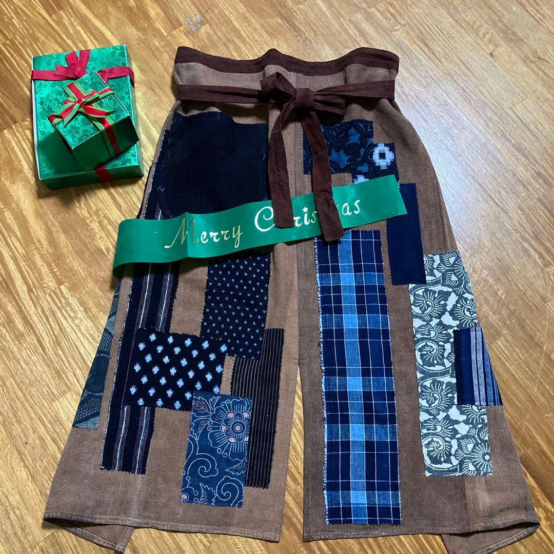 柿渋染め古布酒袋庄内刺し子型染め雪ん子格子木綿藍染め前掛けエプロンリメイク手作り