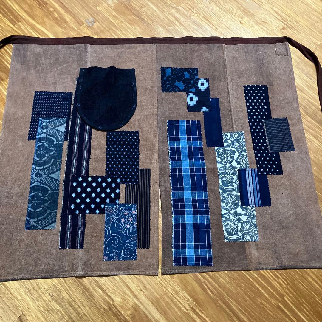 柿渋染め古布酒袋庄内刺し子型染め雪ん子格子木綿藍染め前掛けエプロンリメイク手作り