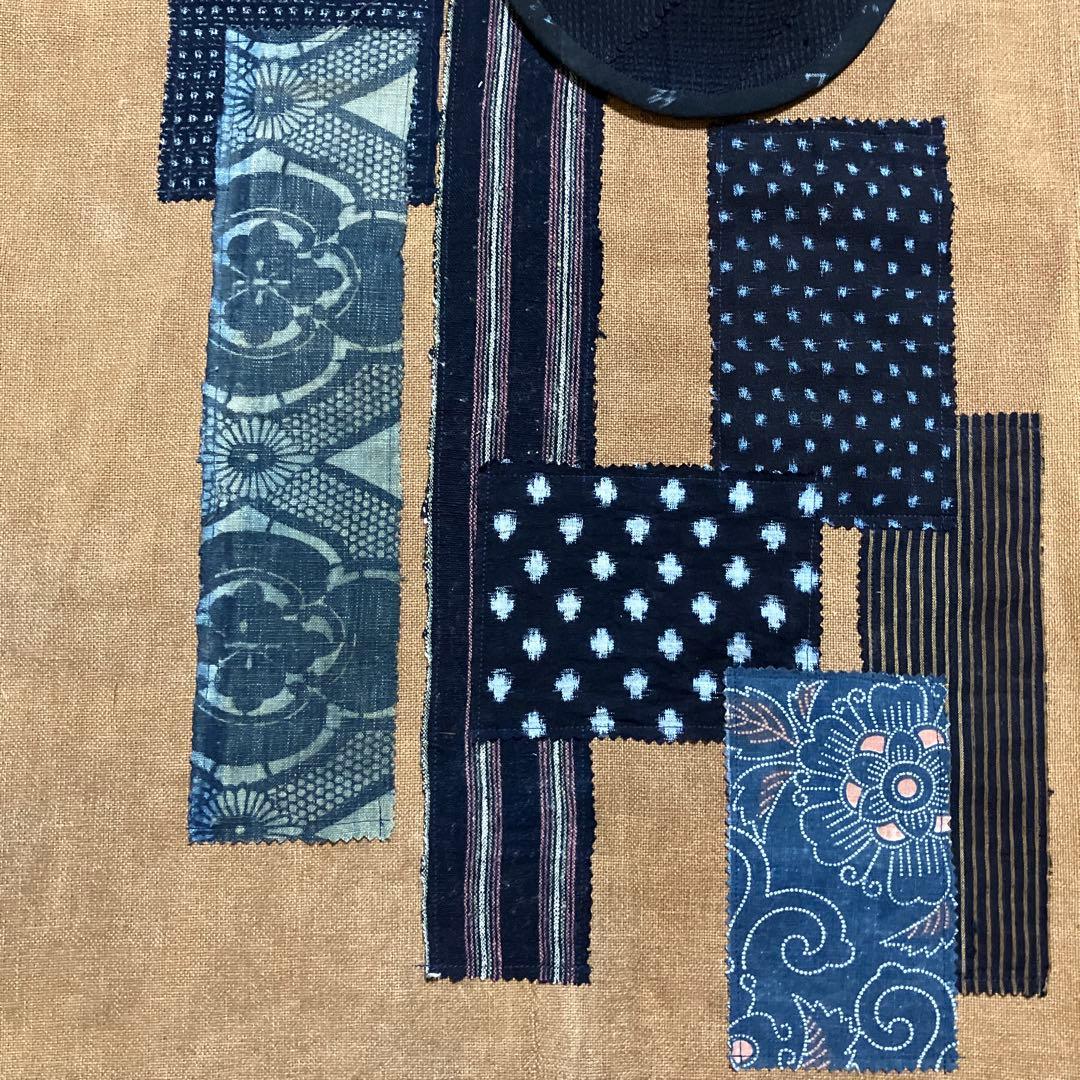 柿渋染め古布酒袋庄内刺し子型染め雪ん子格子木綿藍染め前掛けエプロンリメイク手作り