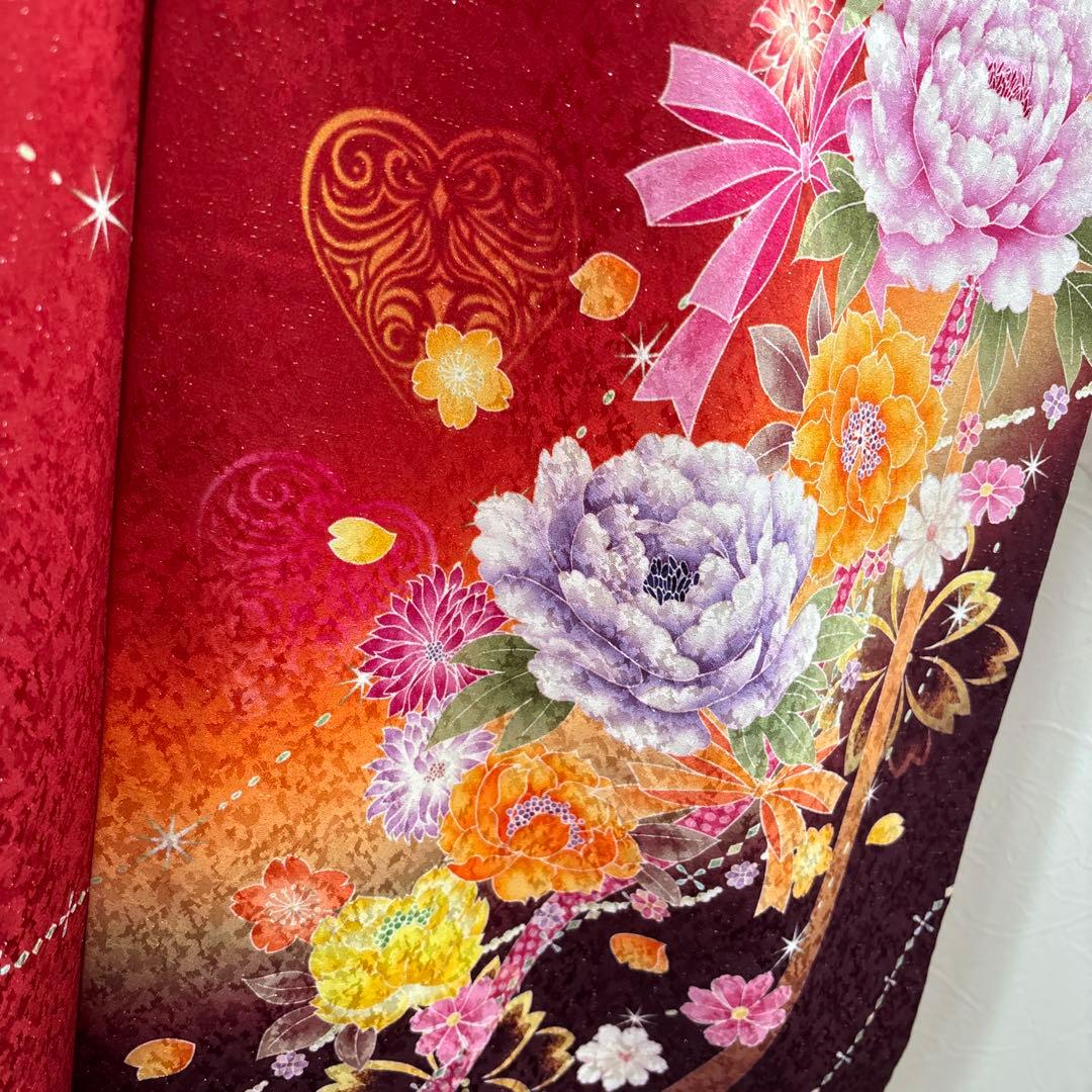 未使用に近い　正絹振袖フルセット　刺繍　金彩　銀通し　ラメオレンジ　牡丹　成人式