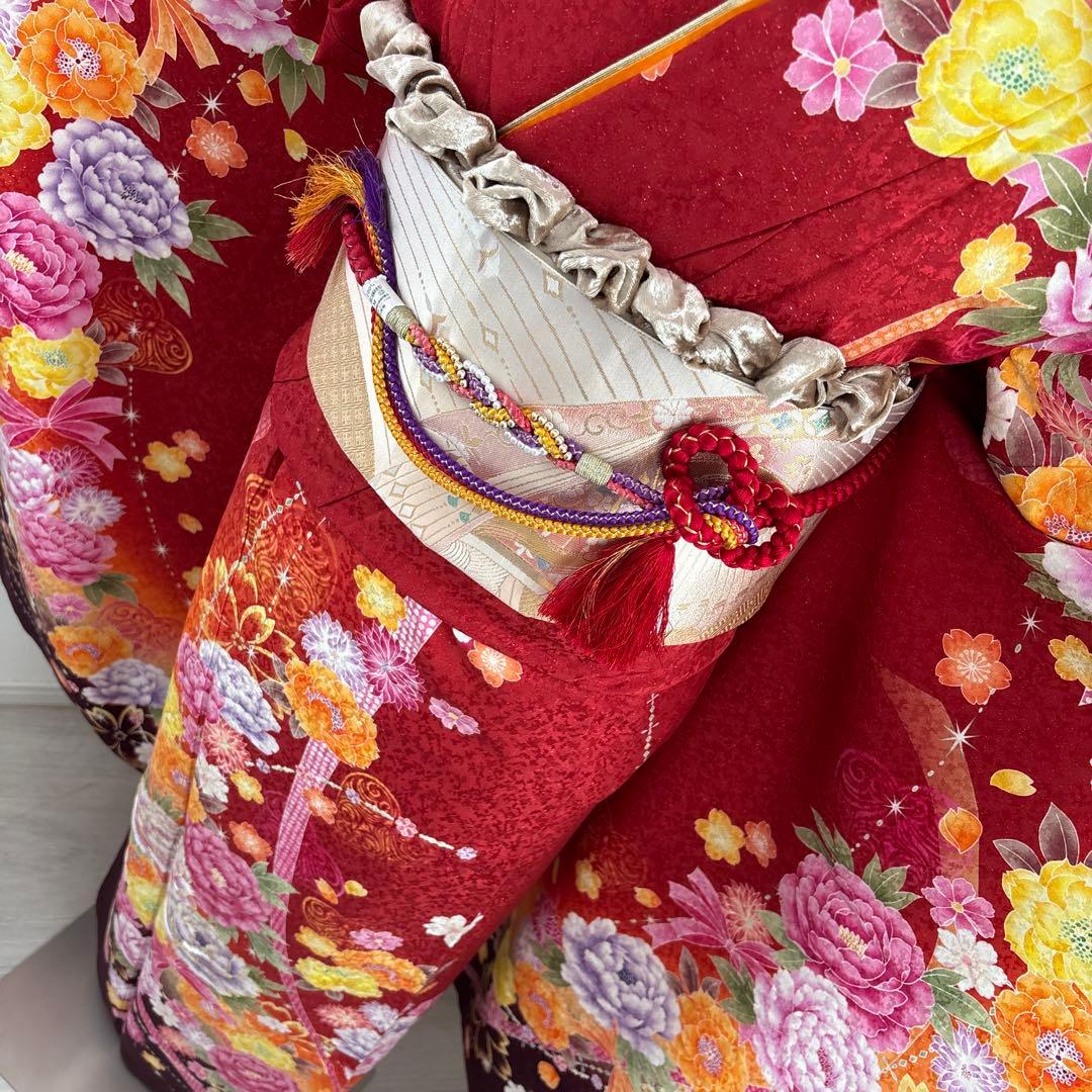 未使用に近い　正絹振袖フルセット　刺繍　金彩　銀通し　ラメオレンジ　牡丹　成人式