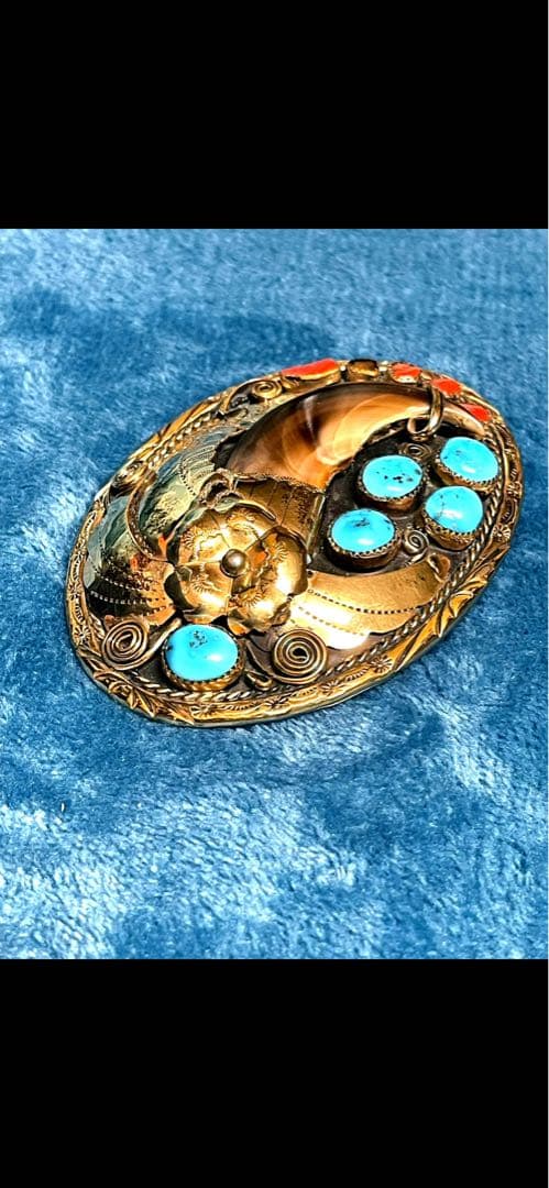 ナホバ•ネイティブアメリカン12KGFバックル•ベアクロウ•ターコイズ•赤珊瑚