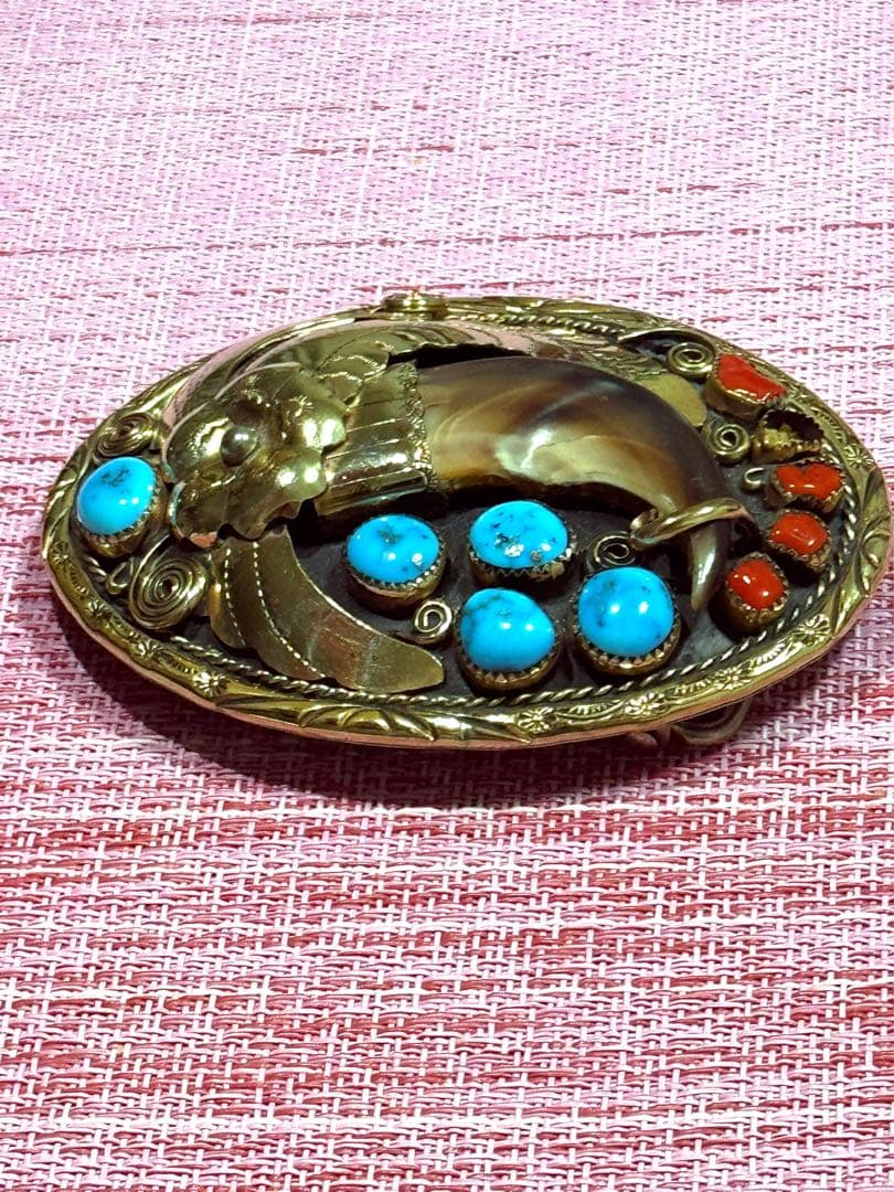 ナホバ•ネイティブアメリカン12KGFバックル•ベアクロウ•ターコイズ•赤珊瑚