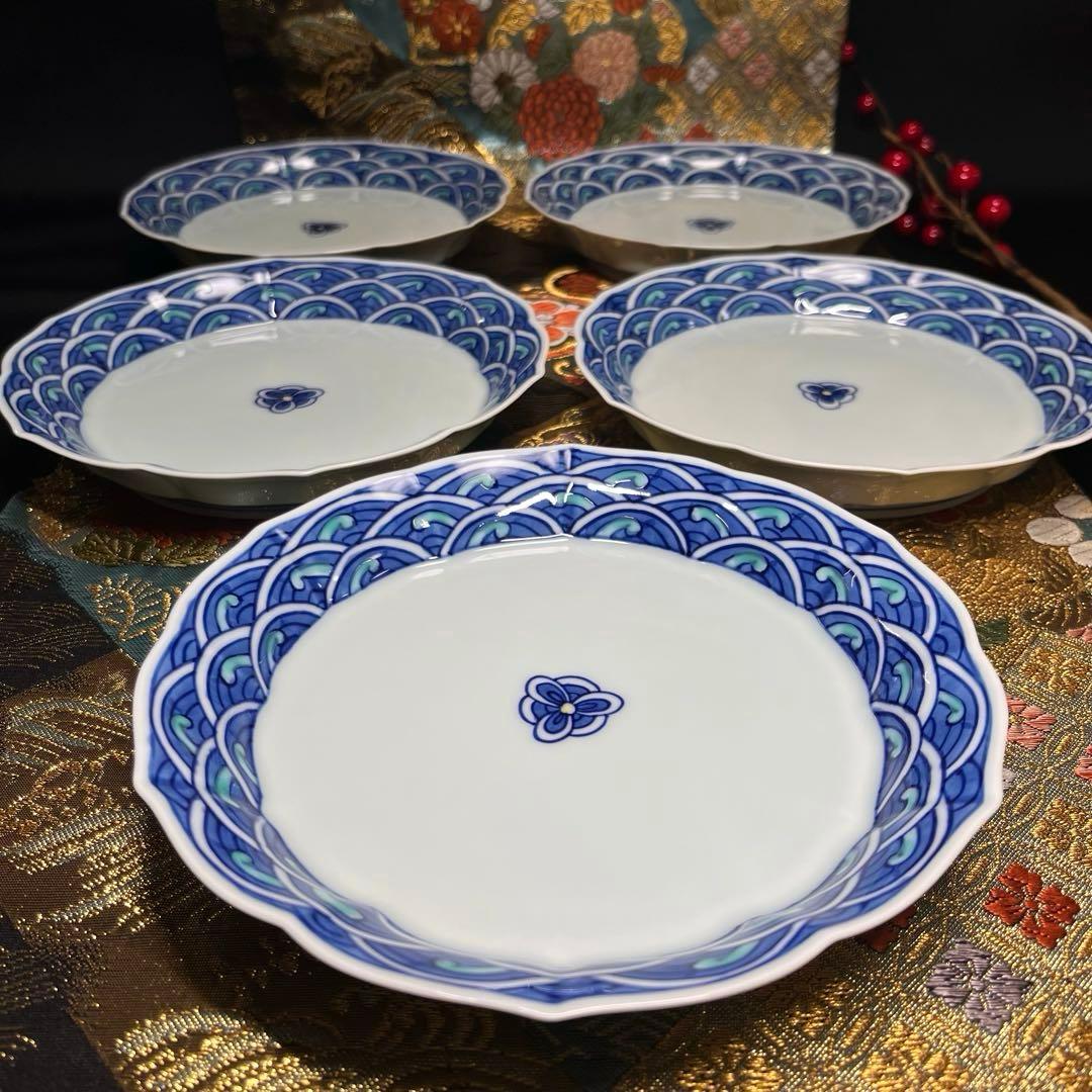 【新春の設えにも】 華山窯 華山萬右衛門 色絵染付 青海波 銘々皿 総手描き