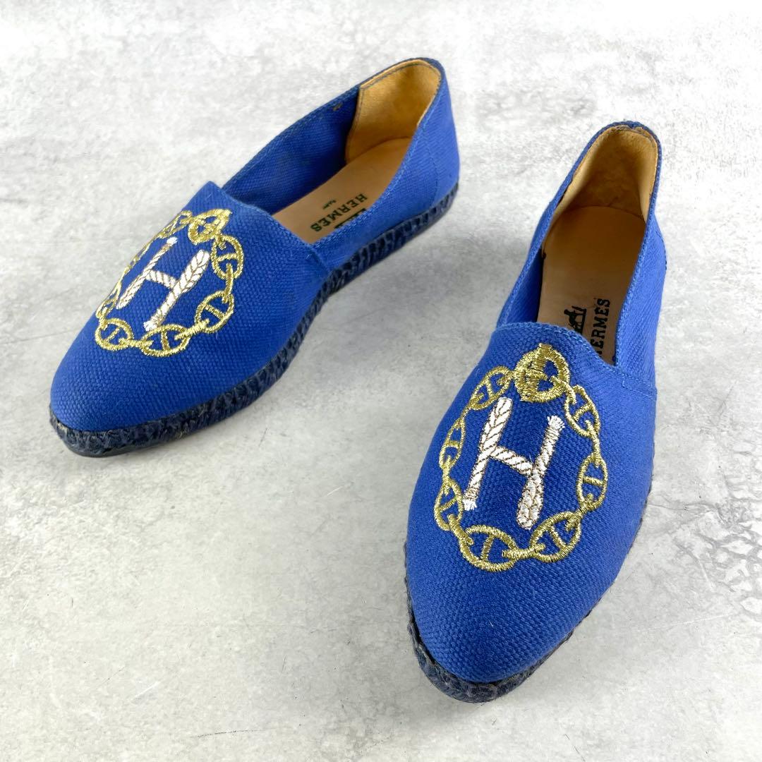エルメス　HERMES バレエシューズ スリッポン エスパドリーユ ブルー