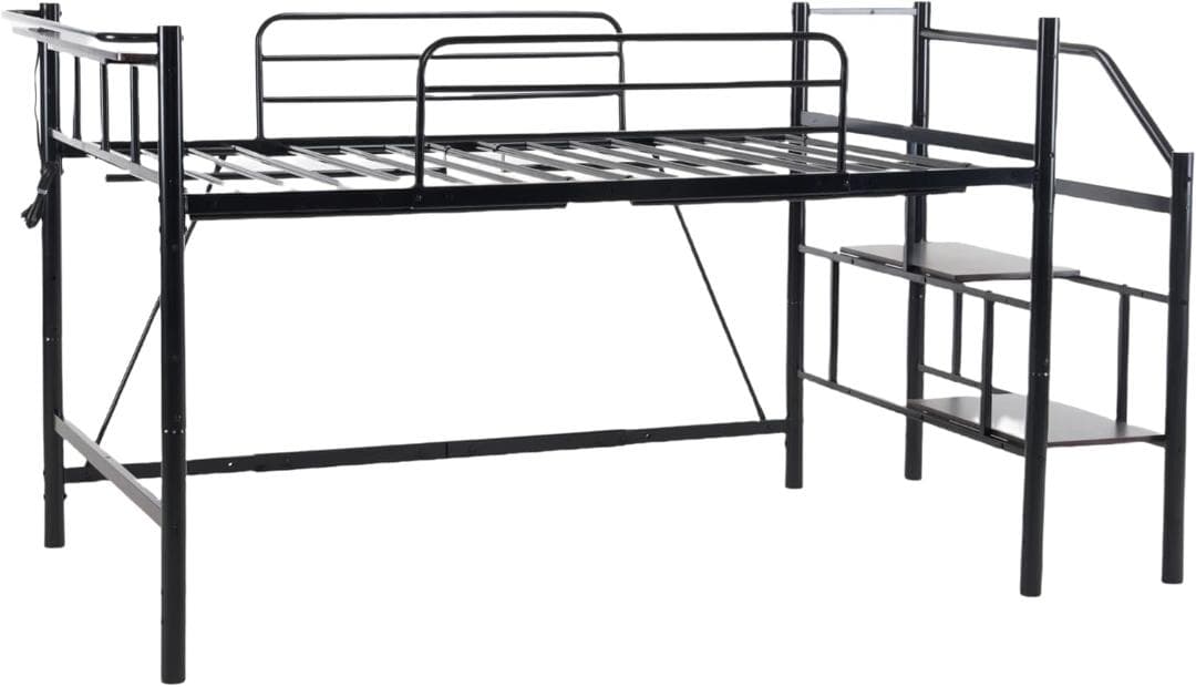 ロフトベッド 宮棚 パイプベッド 階段 耐荷重150kg セミダブル(ブラック)