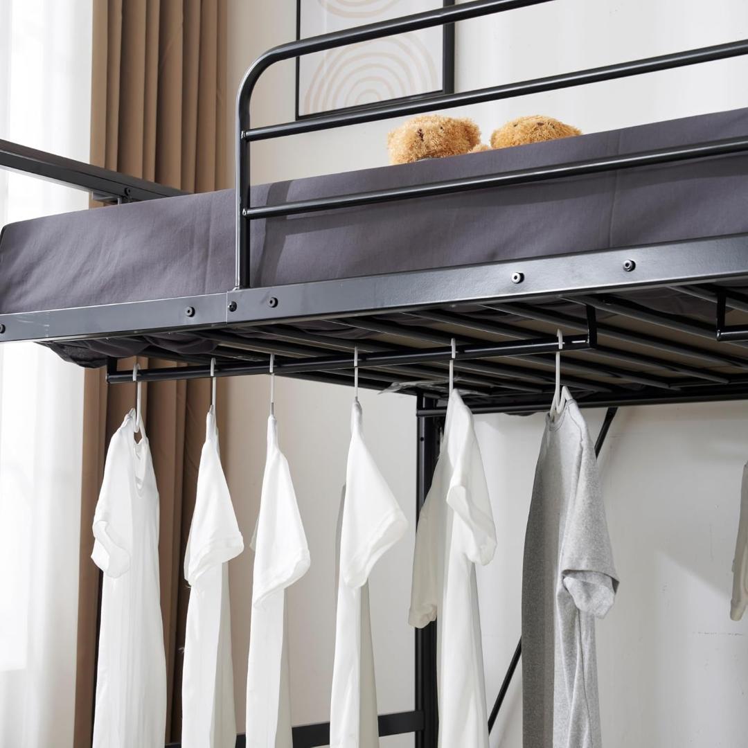 ロフトベッド 宮棚 パイプベッド 階段 耐荷重150kg セミダブル(ブラック)